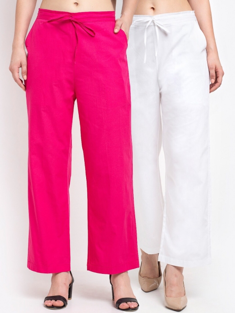

GRACIT Pack of 2 Women White & Pink Loose Fit Cotton Parallel Trousers