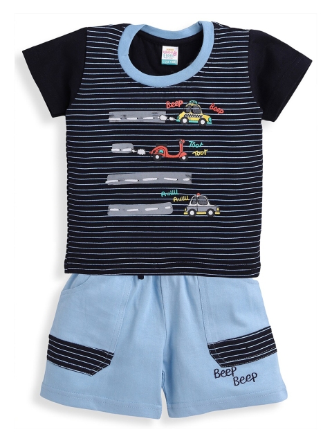 

AMUL Kandyfloss Boys Blue & Navy Blue Striped T-shirt with Shorts