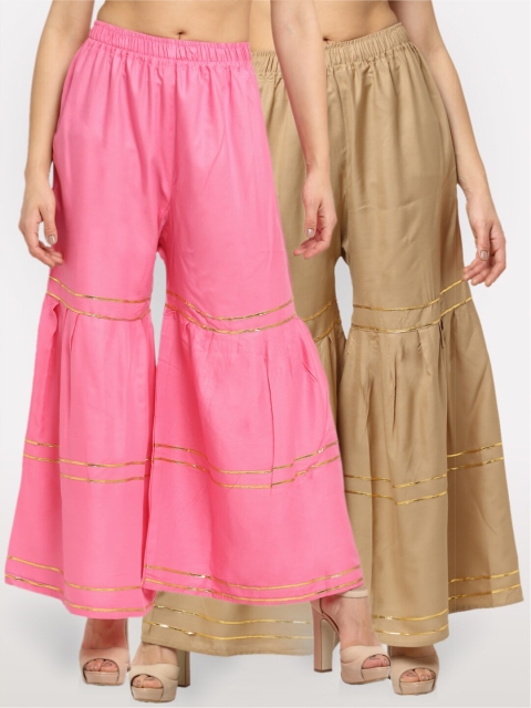 

NEUDIS Pack of 2 Women Pink & Gold-Toned Solid Flared Palazzos