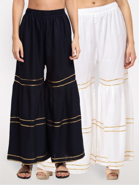 

NEUDIS Pack Of 2 Women Navy Blue & White Flared Ethnic Palazzos
