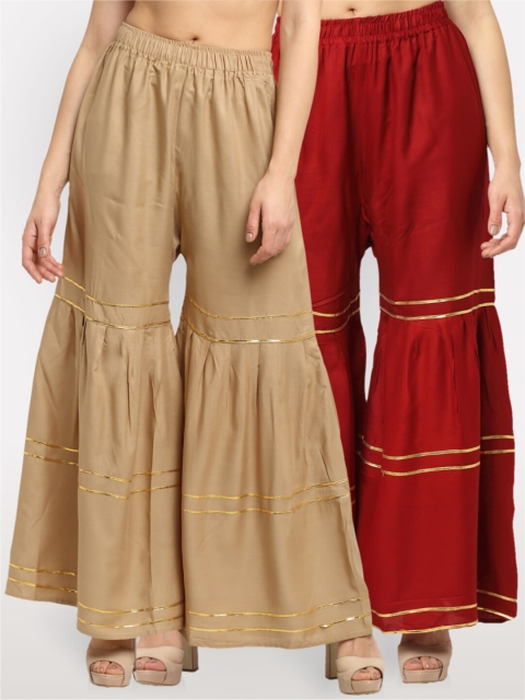 

NEUDIS Pack Of 2 Women Beige & Maroon Flared Ethnic Palazzos