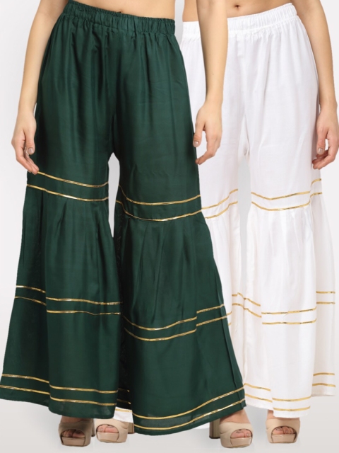 

NEUDIS Women Pack Of 2 Women Green & White Geometric Flared Sharara Palazzos