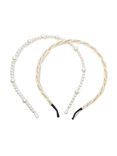 

FOREVER 21 Women Set Of 2 Off White & Gold Embellished Pearl Headbands