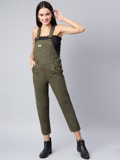 

FINSBURY LONDON Women Olive Green Solid Straight-Fit Twill Dungarees