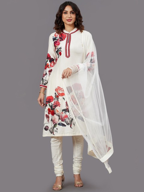 

Biba by Rohit Bal Off White & Red Floral Printed Regular Kurta With Churidar & Dupatta