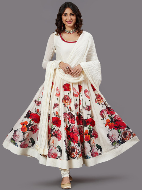 

Biba Women Off White & Red Floral Printed Empire Kurta With Churidar & Dupatta