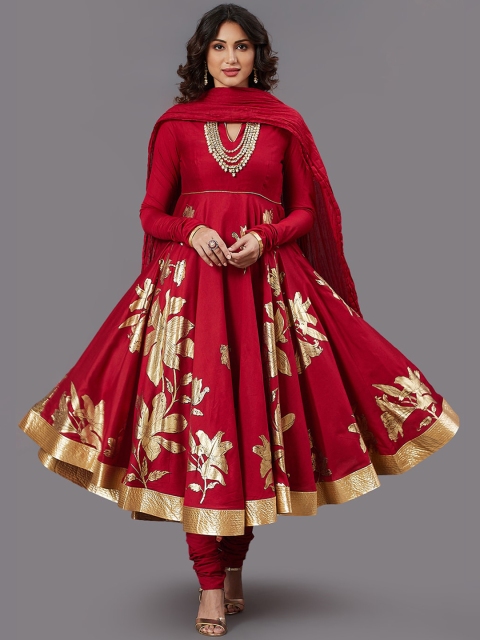 

Biba Women Red & Gold-Toned Floral Printed Pleated Kurta With Churidar & Dupatta