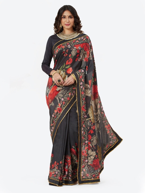 

Biba by Rohit Bal Black & Red Floral Silk Blend Chanderi Saree