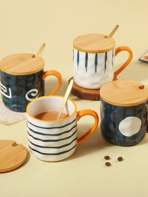 

Bigsmall Unisex Set of 4 White Shibori Printed Ceramic Mugs