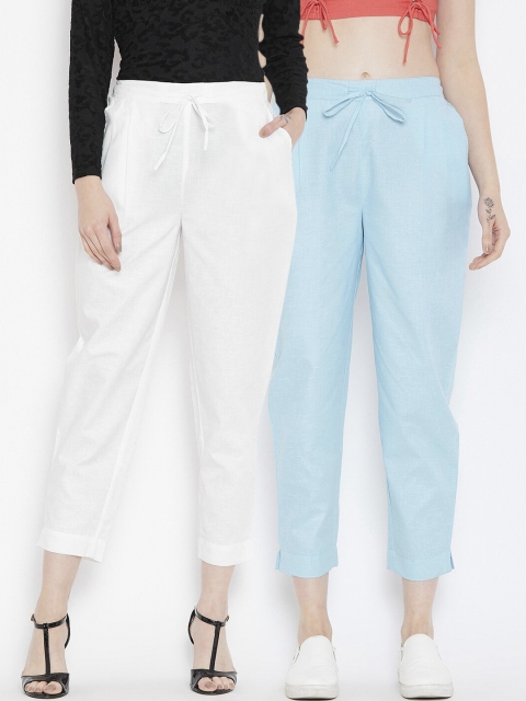 

Bitterlime Women White & Blue Pack of 2 Relaxed Peg Trousers