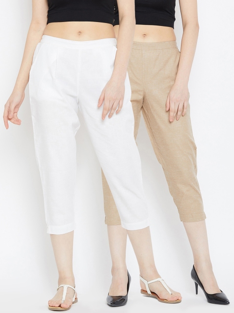 

Bitterlime Women White & Brown Pack of 2 Relaxed Pleated Trousers