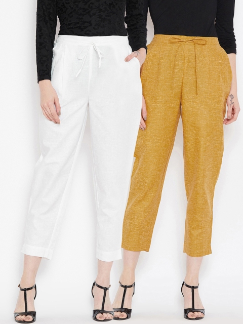 

Bitterlime Women White & Mustard Yellow Pack of 2 Relaxed Trousers