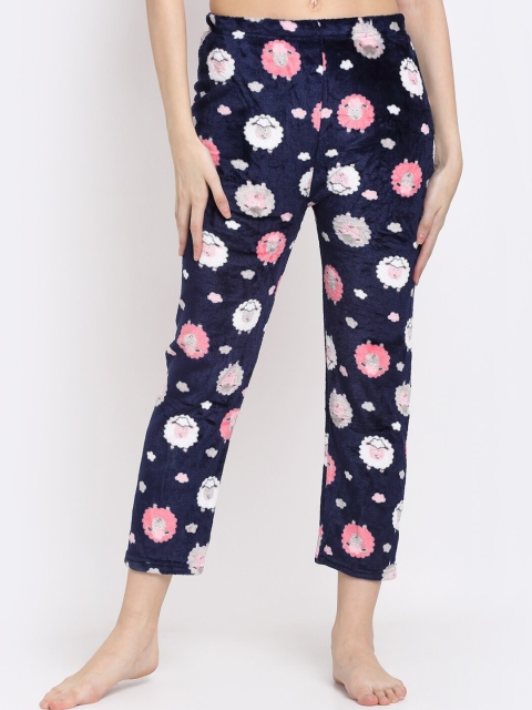 

NEUDIS Women Navy Blue & Pink Printed Fleece Lounge Pants