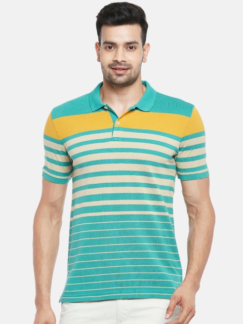 

BYFORD by Pantaloons Men Green & Yellow Striped Polo Collar Slim Fit T-shirt