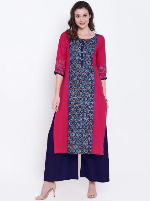 

Varkha Fashion Women Pink & Navy Blue Geometric Printed Block Print Cotton Kurta