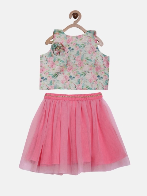 

Aomi Girls Pink & Green Floral Printed Sleeveless Top with Skirt