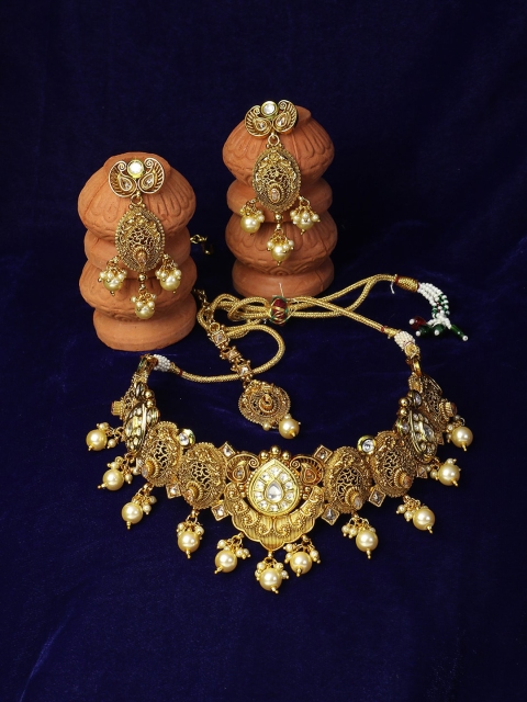 

Adwitiya Collection 24CT Gold-Plated & Beige Stone-Studded & Beaded Jewellery Set