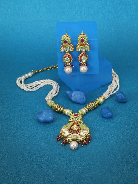 

Adwitiya Collection 24CT Gold-Plated White Pearls Stone-Studded Antique Jewellery Set