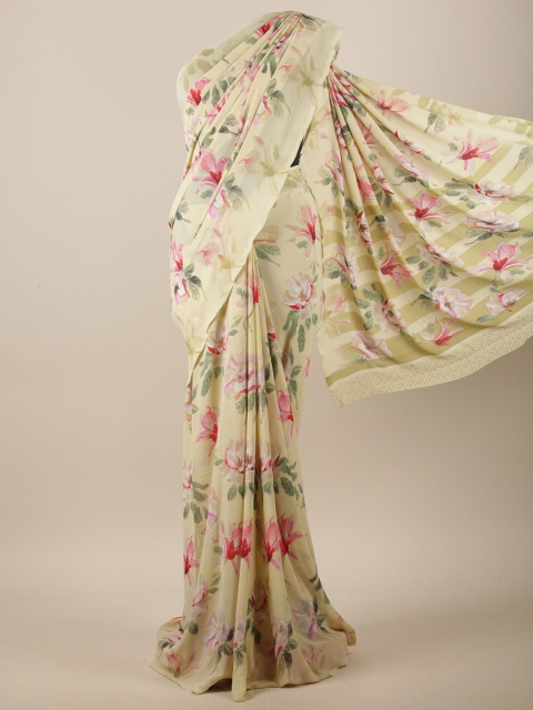 

Pothys Cream-Coloured & Pink Floral Printed Saree
