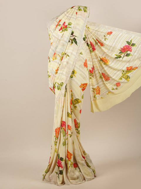 

Pothys Cream-Coloured & Orange Floral Printed Saree