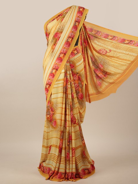 

Pothys Mustard & Pink Floral Printed Saree