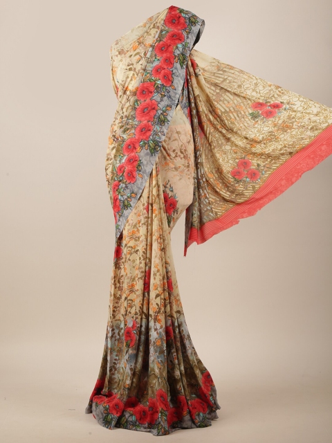 

Pothys Cream-Coloured & Red Floral Printed Saree