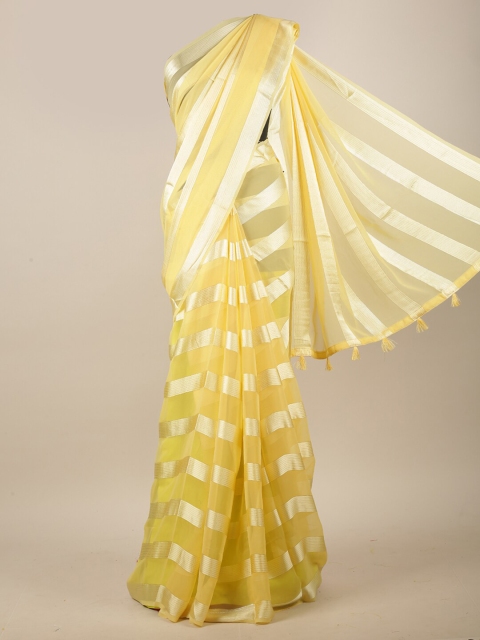 

Pothys Yellow & Gold-Toned Striped Satin Saree