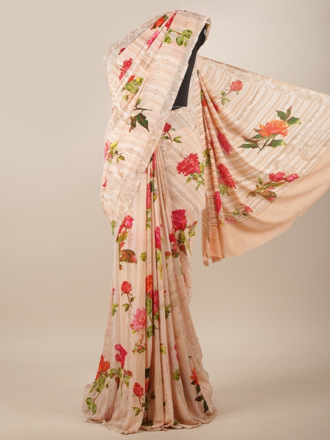 

Pothys Peach-Coloured & Green Floral Printed Saree