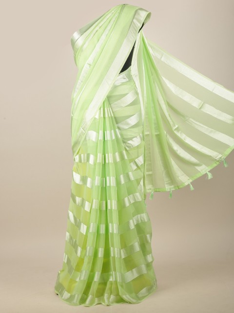 

Pothys Green & Silver-Toned Striped Satin Saree