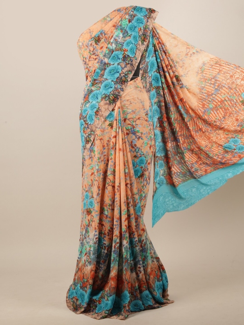 

Pothys Peach-Coloured & Blue Floral Printed Saree