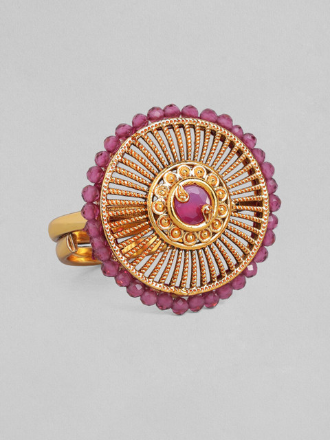 

Rubans 24K Gold-Plated Pink Stone-Studded & Beaded Handcrafted Adjustable Finger Ring