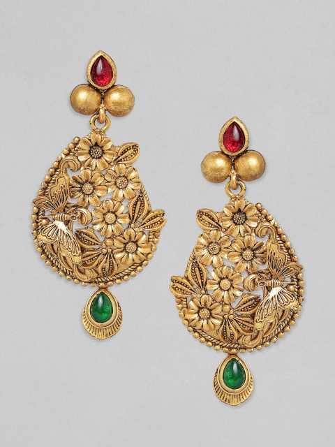 

Rubans Gold-Toned & Green Alloy Gold Plated Teardrop Shaped Drop Earrings