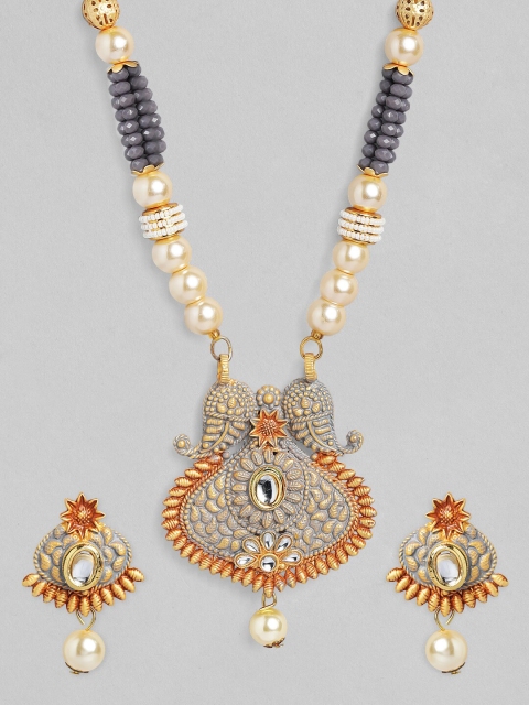 

Rubans Gold-Plated White & Grey Stone-Studded Pearl Beaded Jewellery Set