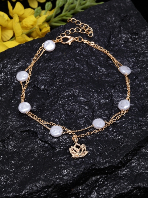 

Ferosh Gold-Toned White Pearl Beaded Layered Anklet