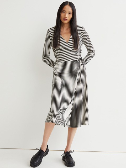 

H&M Women White & Black Striped Jersey Wrap Dress