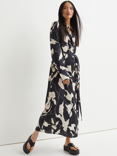 

H&M Women Black & White Printed Long A-Line Dress