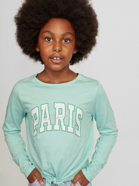 

H&M Girls Turquoise Blue & White Pure Cotton Knot-Detail Jersey Top