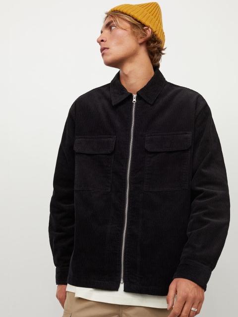 

H&M Men Black Solid Pure Cotton Corduroy Shirt Jacket