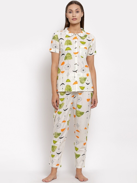 

Myshka Women White & Green Printed Night suit
