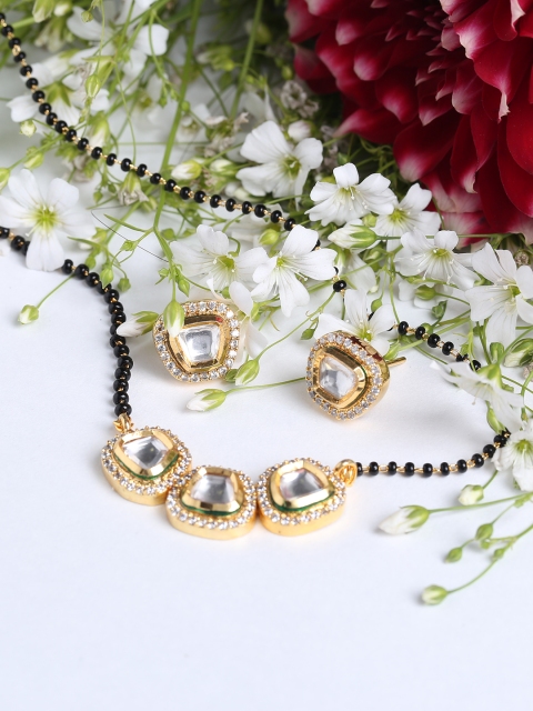 

FIROZA Gold-Plated Black & White Stone-Studded Handcrafted Mangalsutra With Earrings