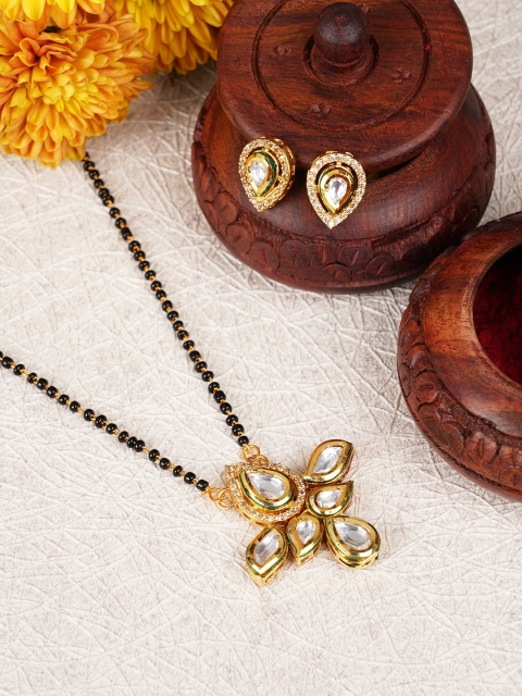 

FIROZA Gold-Plated Black & White Kundan-Studded & Beaded Mangalsutra With Earrings