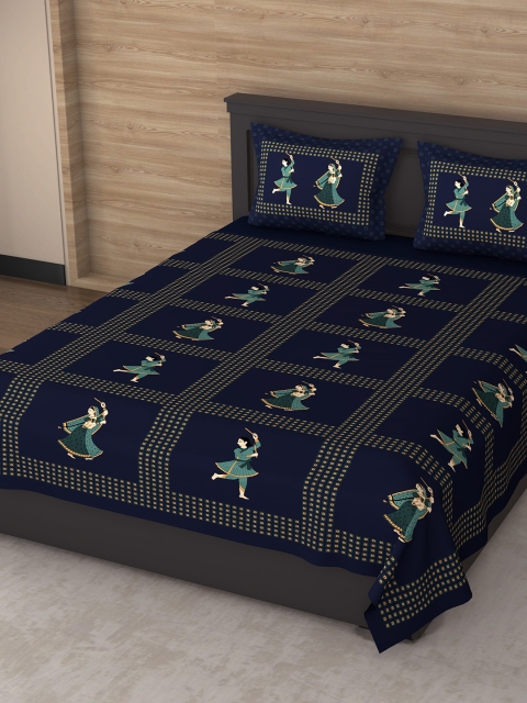

Varde Navy Blue & Green Ethnic Motifs 180 TC King Bedsheet with 2 Pillow Covers