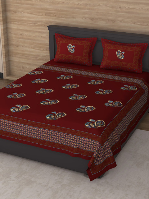 

Varde Maroon & Blue Ethnic Motifs 180 TC King Bedsheet with 2 Pillow Covers