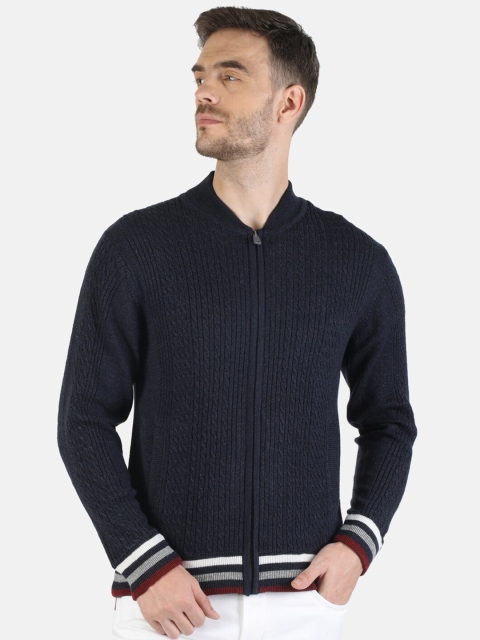 

Monte Carlo Men Navy Blue Self-Striped Woollen Front-Open Sweater