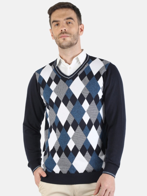 

Monte Carlo Men Navy Blue & White Argyle Patterned Cotton Pullover Sweater