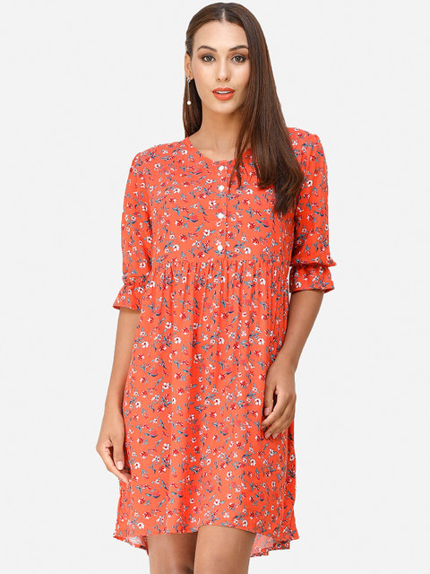 

DECHEN Women Orange & White Floral A-Line Dress