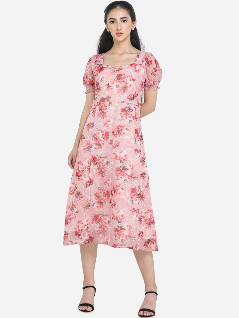 

DECHEN Peach-Coloured Floral A-Line Midi Dress