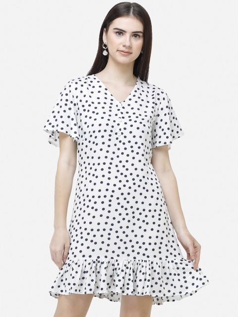 

DECHEN White & Navy Blue Polka Dots V-neck Drop-Waist Dress