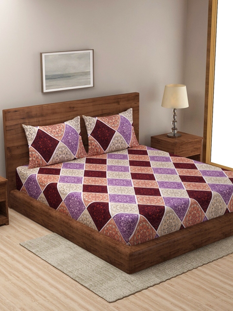 

NEUDIS Beige & Violet Geometric 180 TC Queen Bedsheet with 2 Pillow Covers