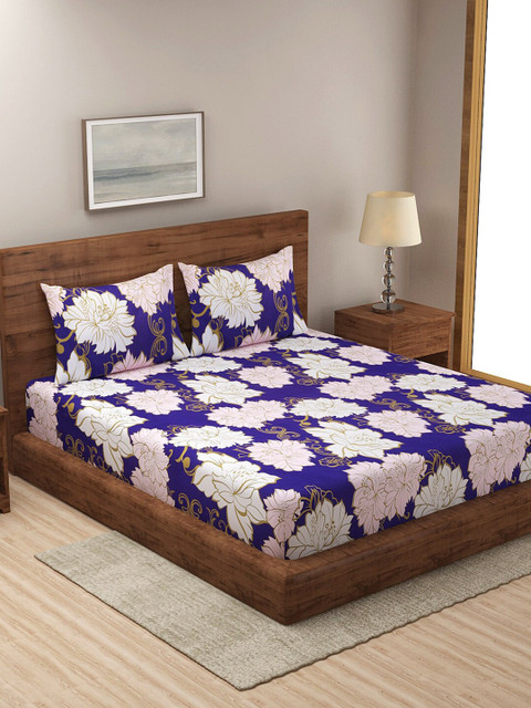 

NEUDIS Navy Blue & White Floral 180 TC Queen Bedsheet with 2 Pillow Covers